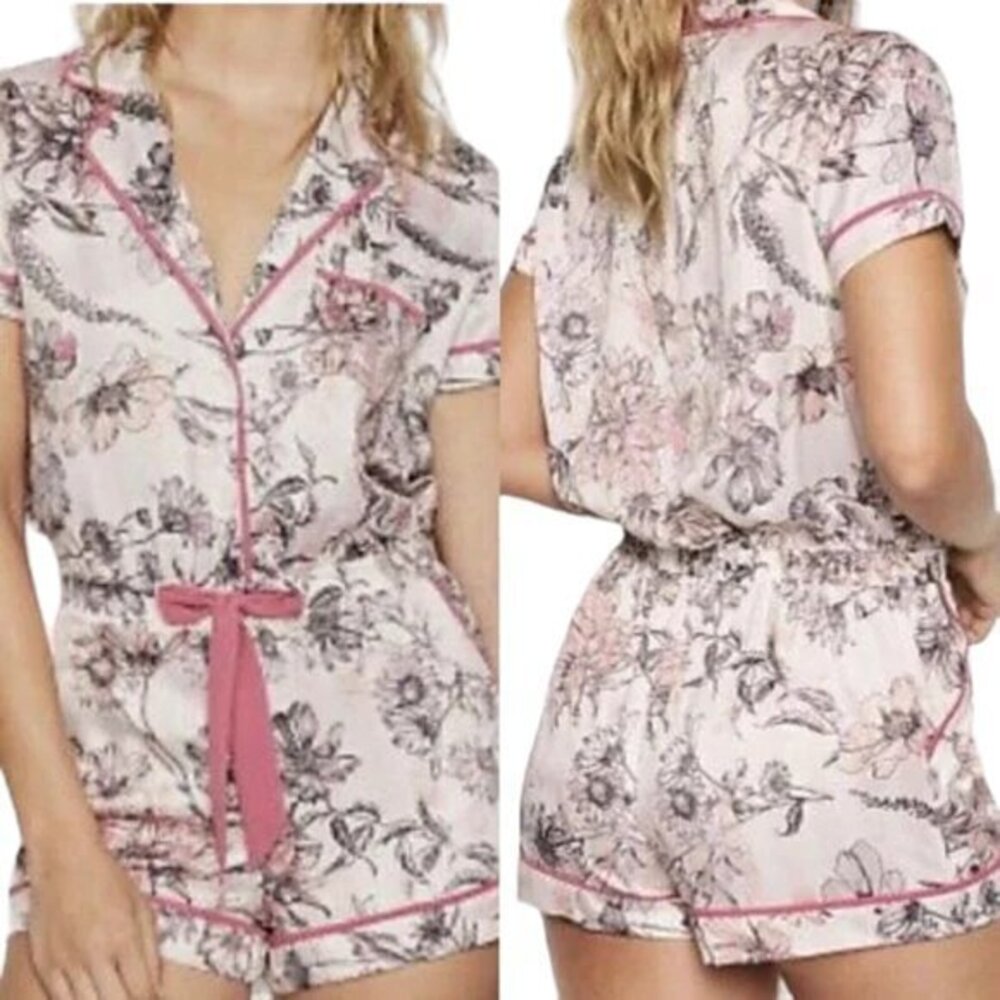 Victoria's Secret Satin Pink Floral Drawstring Waist Romper Sleepwear Size Med